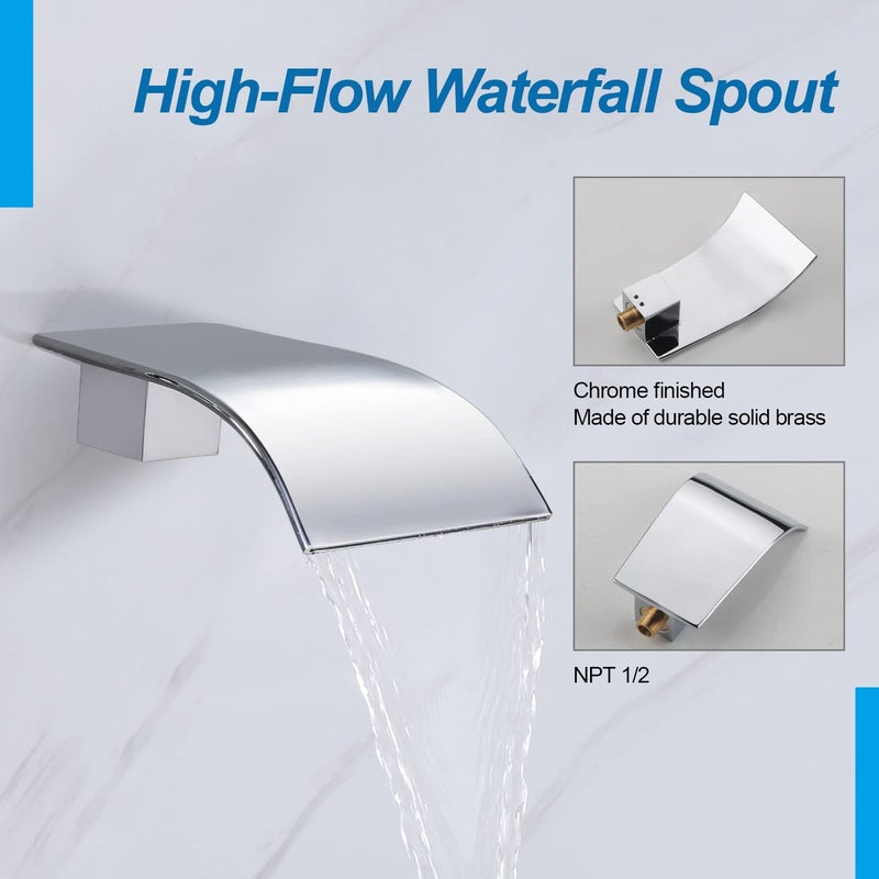 AZOS High Flow Tub Spout, Wall Mounted Waterfall Faucet Fixtures Filler for Bathroom Sink and Tub Shower, Chrome Sprayer - Image 2